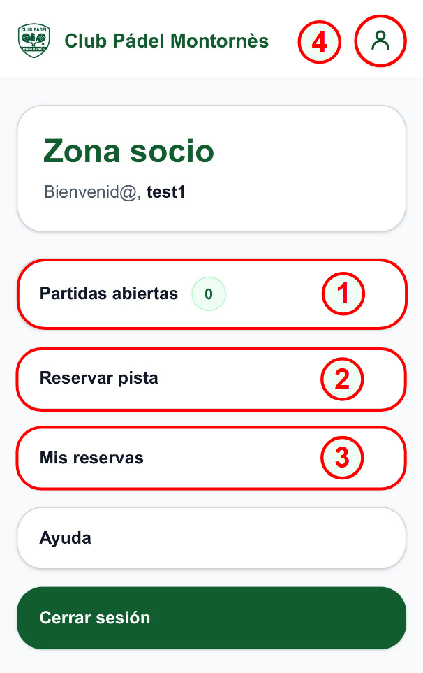 Pantalla de inicio de la zona socio con accesos principales.