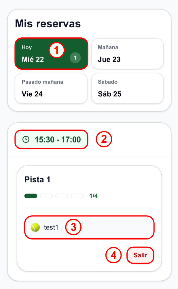 Pantalla de mis reservas con reservas activas, jugadores y botón para salir.