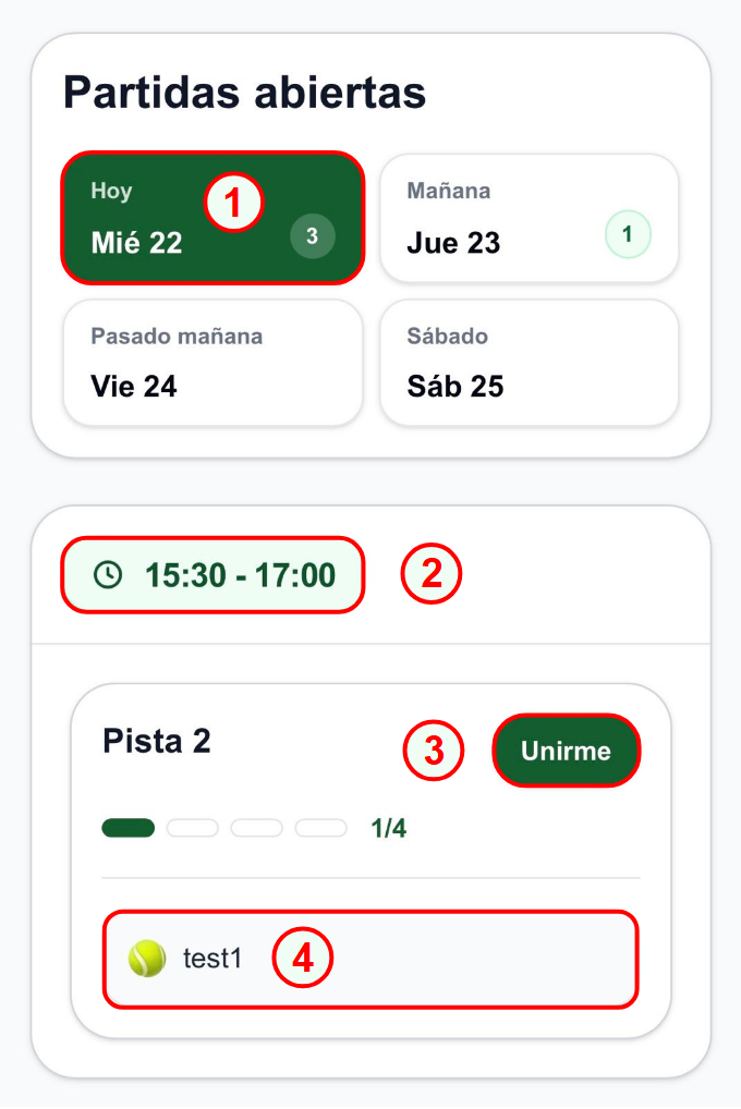 Pantalla de partidas abiertas con una partida disponible y botón para unirse.