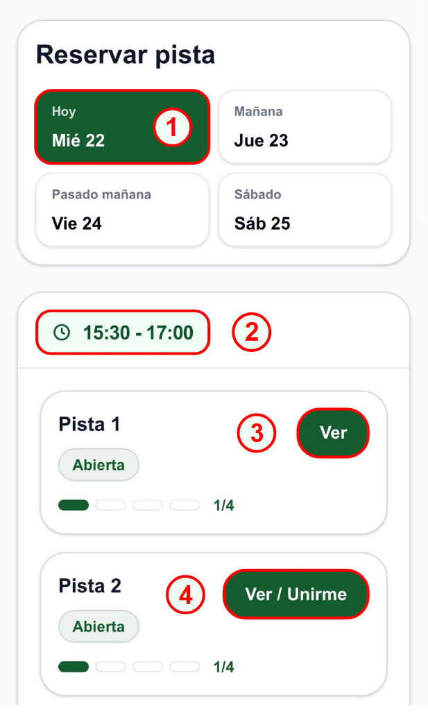 Pantalla de reservar pista con selector de día, horario y botones para crear o unirse.